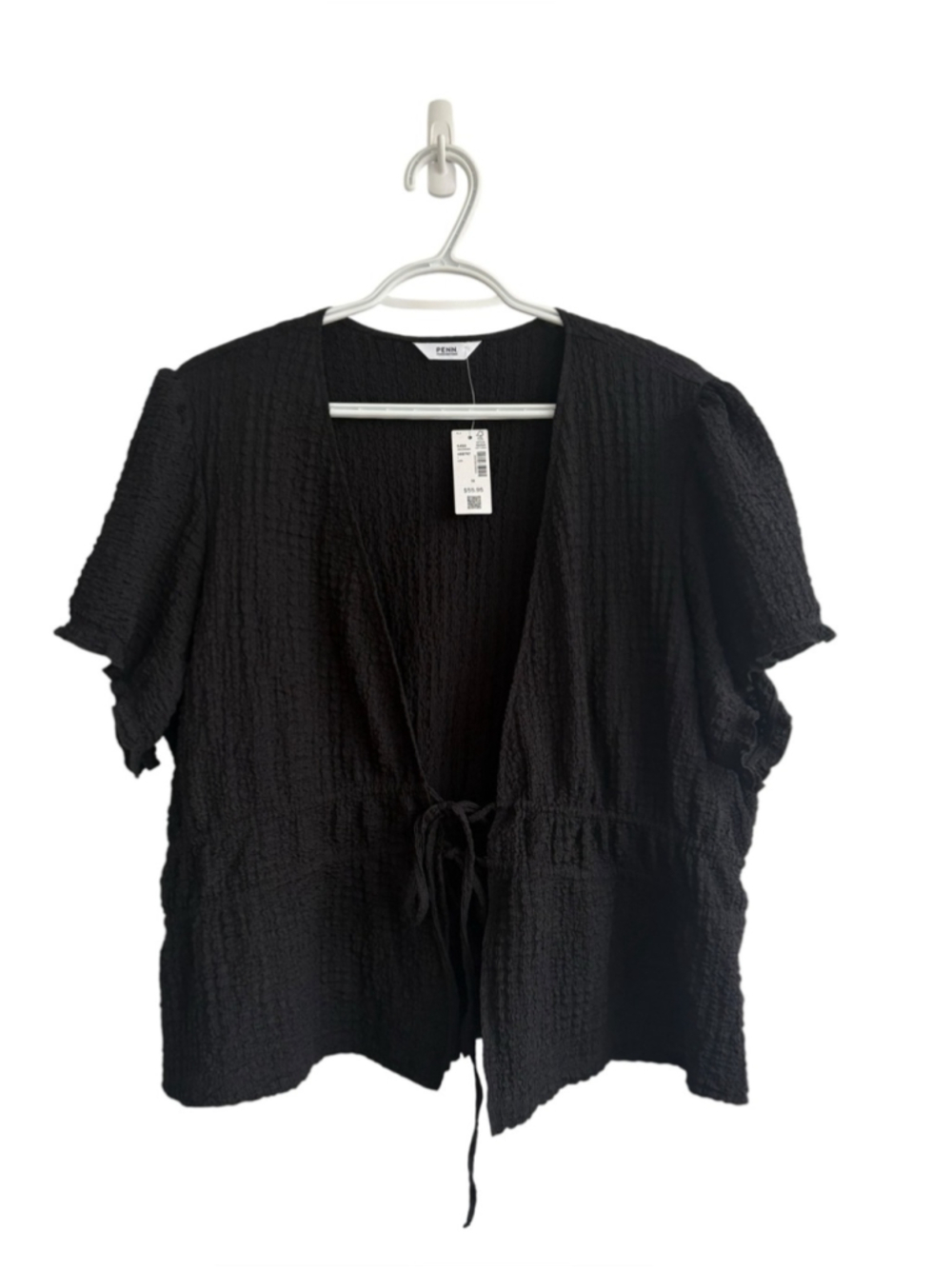 Penningtons Black Textured Tie Front Blouse Top Plus Size 1X Flutter Sleeve NWT